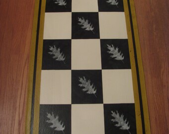 Painted Canvas Floorcloth with Checkered Leaf Design