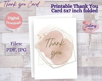 Cartão de agradecimento, cartão estético, cartão para impressão 5x7, download digital, rosa e dourado, nota de agradecimento
