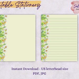 Daffodil stationery, printable stationery set, instant download paper pack, US letter size PDF, printable pages, digital paper
