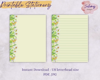 Daffodil stationery, printable stationery set, instant download paper pack, US letter size PDF, printable pages, digital paper