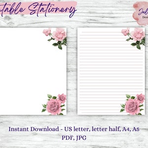 Vintage Rose stationery, printable stationery set, instant download paper pack, US letter size PDF, printable pages, digital paper
