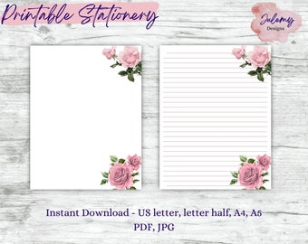 Vintage Rose stationery, printable stationery set, instant download paper pack, US letter size PDF, printable pages, digital paper