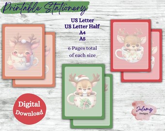 Caneca de chocolate quente de rena de Natal, artigos de papelaria para impressão, papel para download instantâneo, papel digital, papel de carta aconchegante de Natal