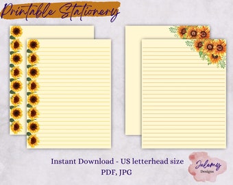 Sunny stationery, printable stationery set, instant download paper pack, US letter size PDF, digital geode paper, JPG paper