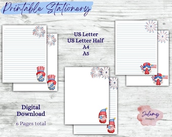 Papeterie Gnome 2 du 4 juillet, papeterie imprimable, papier pour téléchargement immédiat, Etats-Unis, américain, patriotique, papier succulent numérique, papier JPG