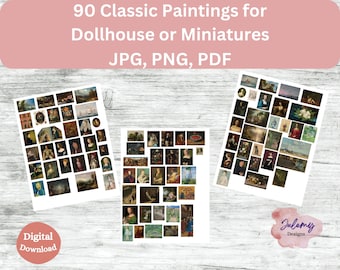 90 pinturas clássicas para casa de bonecas, diorama, miniaturas, Monet, van Gogh, Ticiano, Botticelli, Degas, Renoir Use para QUALQUER ESCALA