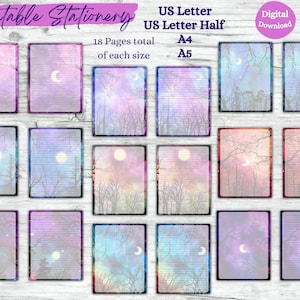 May include: 18 printable stationery pages featuring a watercolor design of a moonlit forest with a purple, pink, and blue sky. The pages are available in US Letter, US Letter Half, A4, and A5 sizes.