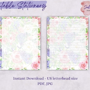 Watercolor Rose stationery, printable stationery set, instant download paper pack, US letter size PDF, printable pages, digital paper
