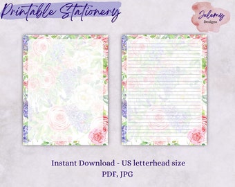 Watercolor Rose stationery, printable stationery set, instant download paper pack, US letter size PDF, printable pages, digital paper