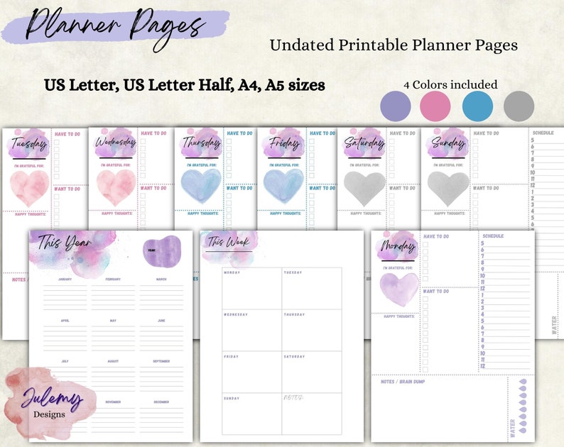 Simple planner, undated planner, printable planner, PDF digital download, planner pages, printable pages, image 1