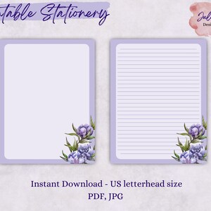 Peony stationery, printable stationery set, instant download paper pack, US letter size PDF, printable pages, digital paper