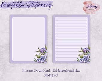 Peony stationery, printable stationery set, instant download paper pack, US letter size PDF, printable pages, digital paper