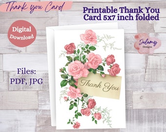 Rose Thank You Card, vintage rose card, 5x7 printable card, digital download, antique rose, thank you note