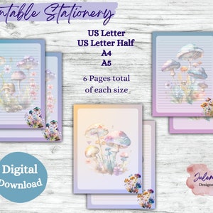 Fantasy Mushroom- Watercolor mushroom stationery, printable stationery set, stationery kit, letter writing paper, digital download