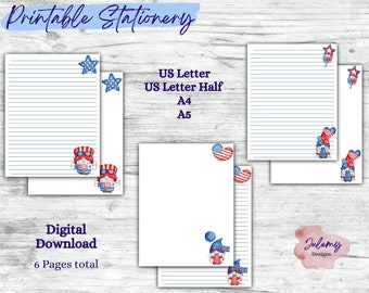 4th of July Gnome stationery, printable stationery, instant download paper, USA, American, patriotic, digital succulent paper, JPG paper
