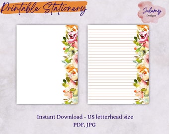 Blossom stationery, printable stationery set, instant download paper pack, US letter size PDF, printable pages, digital paper