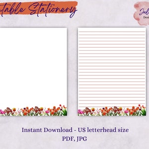 Papelería tulipán, juego de papelería imprimible, paquete de papel de descarga instantánea, PDF tamaño carta de EE. UU., páginas imprimibles, papel digital