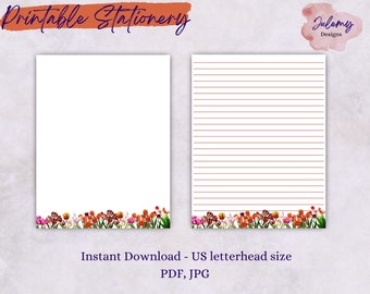 Tulip stationery, printable stationery set, instant download paper pack, US letter size PDF, printable pages, digital paper