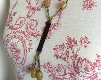 Vintage Victorian Art Deco Necklace,  Early Resin Bead Necklace, Butterscotch colour beads with Black Satin Ribbed Ribbon, Mourning Necklace