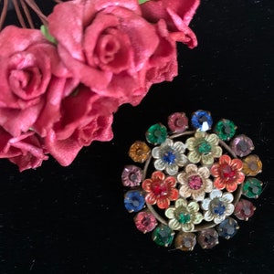 VINTAGE PIN, Czech Brooch, Multi Colour Paste Stones, Floral Design, Enamel Painted