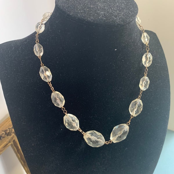 Vintage Glass Bead Necklace, Clear Crystal Bead Necklace, Art Deco Necklace, Faceted Glass Bead Necklace, Large Bead Necklace, Oval Beads