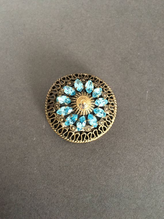 Vintage Turquoise Czech Pin, Round Blue Paste Bro… - image 1