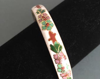 Vintage Cloisonné Bangle, Asian Bangle, White Enamel Bracelet, Floral Painted Bangle, Hinged Bracelet