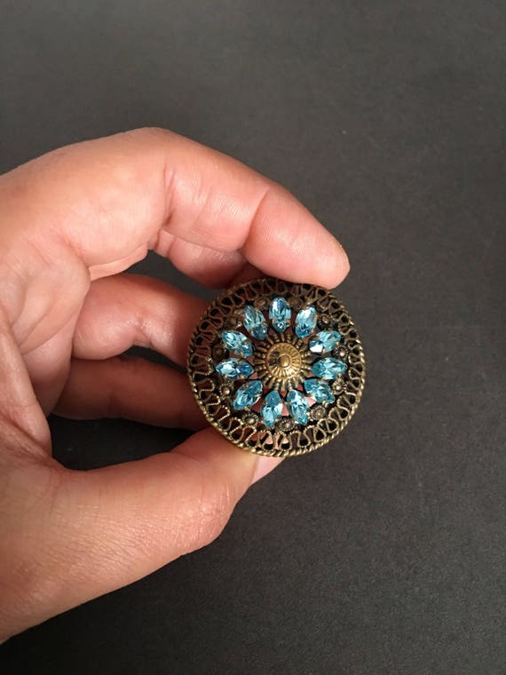 Vintage Turquoise Czech Pin, Round Blue Paste Bro… - image 5