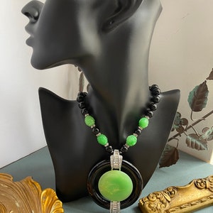 Vintage KJL Art Deco Inspired Pendant, Kenneth Jay Lane Glass Jade Look Beads, KJL Emerald Green Black Paste Rhinestones Pendant for her