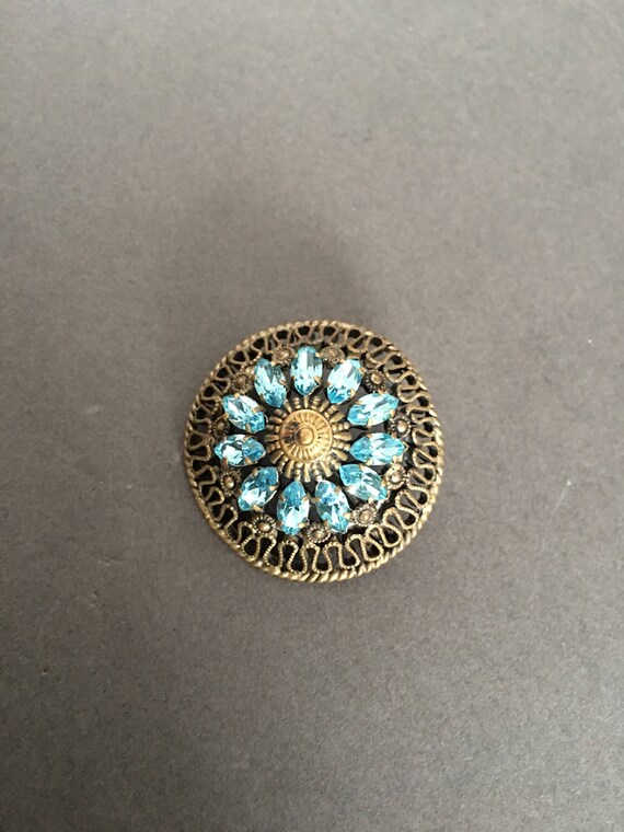 Vintage Turquoise Czech Pin, Round Blue Paste Bro… - image 2