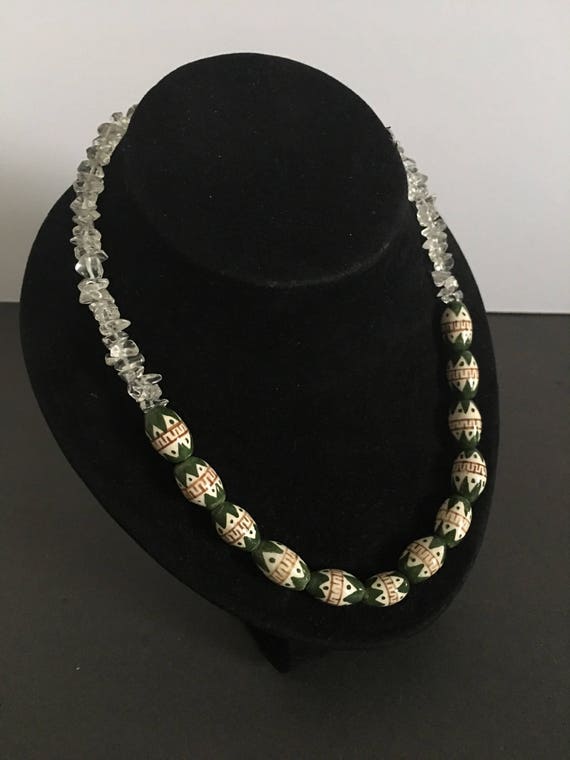 hand painted white and green beaded necklace - Gem