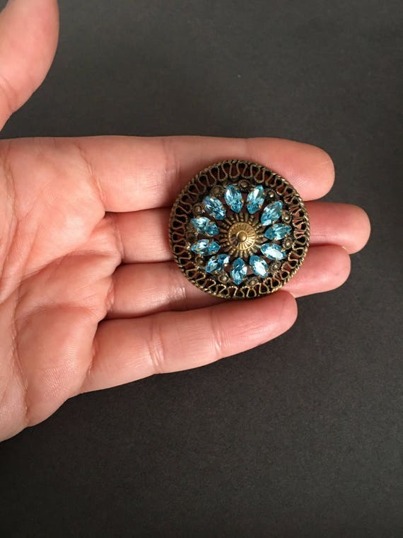 Vintage Turquoise Czech Pin, Round Blue Paste Bro… - image 3