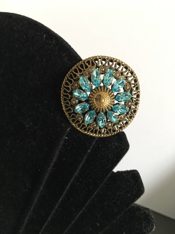 Vintage Turquoise Czech Pin, Round Blue Paste Bro… - image 6