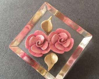 Lucite Reverse Carve Pin, Rose Flower Brooch, Blush Pink Flower Pin, Clear Resin Pin Plastic Pin, Vintage 1930s Flower Pin