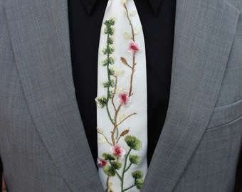 Wildflower tie for groom, groomsmen, prom, ushers, wedding, embroidered botanical boho flowers ivory adult tall