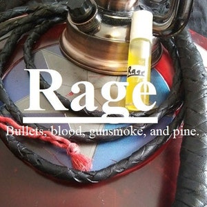 Rage fragrance (Bullets, blood accord, gunsmoke, and pine wood boxes)