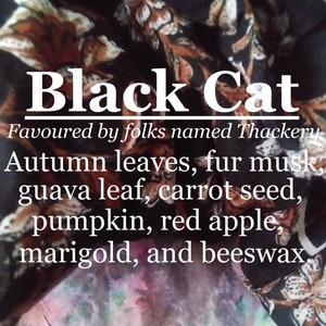 Fragancia de gato negro, preferida por gente llamada Thackery (hojas de otoño, almizcle de piel, hojas de guayaba, semillas de zanahoria, calabaza, manzana, caléndula, cera de abejas)