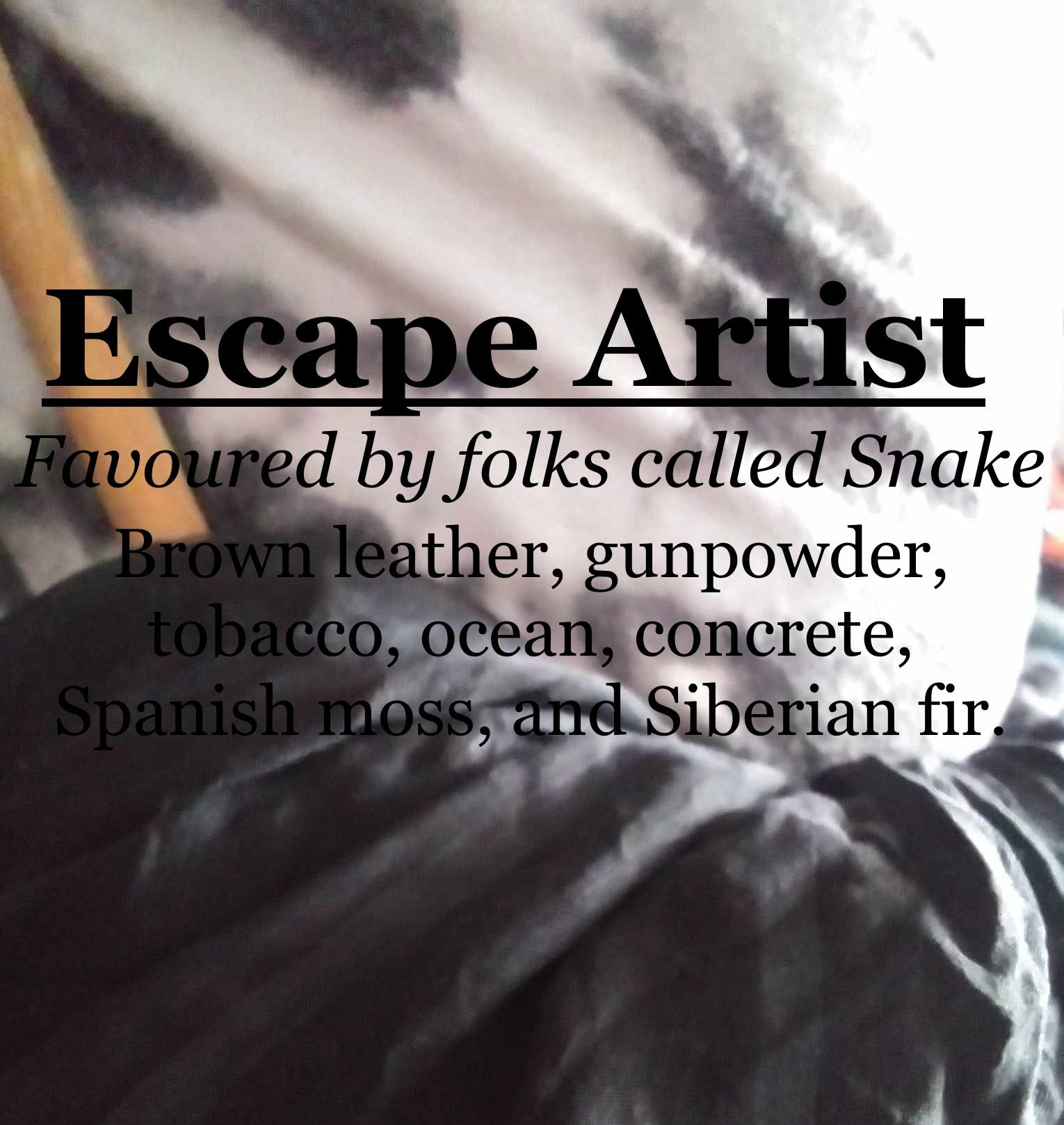 Escape Artist Fragrance (brown Leather, Gunpowder, Tobacco, Ocean,  Concrete, Spanish Moss, Siberian Fir)