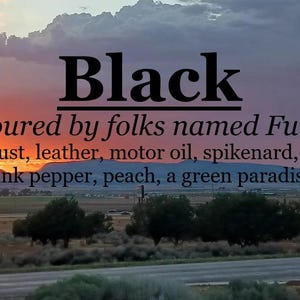 Black fragrance, favoured by folks named Furiosa (dust, leather, spikenard, motor oil, feathers, pink pepper, peach, green land)