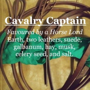 Cavalry Captain fragrance (earth, leather, suede, galbanum, hay, celery seed, salt)