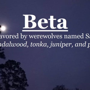May include: A dark blue background with a white moon and trees. The text "Beta" is in white with a line underneath. The text "Favored by werewolves named Sam Sandalwood, tonka, juniper, and pine." is also in white.
