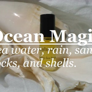 May include: A small bottle of essential oil with a black cap and a yellow liquid inside. The bottle is sitting on a white surface with seashells and the text "Ocean Magic Sea water, rain, sand, rocks, and shells."