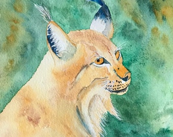 Handmade Watercolour Lynx Bobcat Greetings Card 6x6 inch