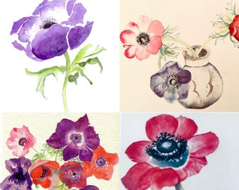 Handmade Watercolour Anemone Cards a set of four