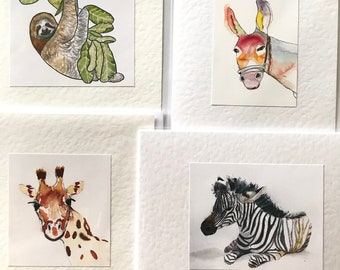 Carte animali acquerello fatte a mano, un set di quattro carte diverse