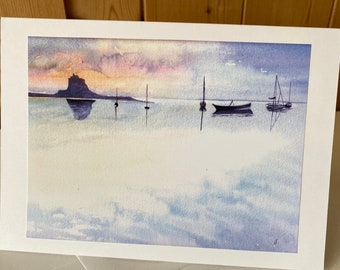 Lindisfarne Holy Island a lovely milestone watercolour handmade Card size 7 xx5 inches