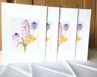 Handmade Watercolour Hyacinth, Jasmine and Tulip  Cards