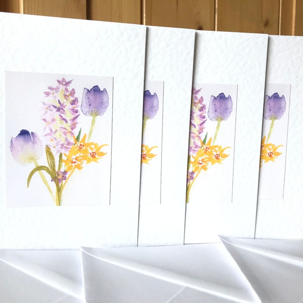 Handmade Watercolour Hyacinth, Jasmine and Tulip  Cards