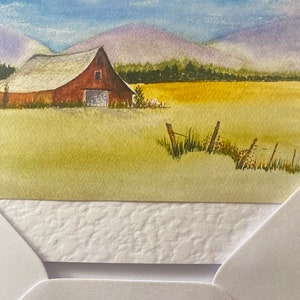 Red Barn in Summer fields Handmade Watercolour Cards imagem 7