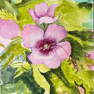 Fleur d'hibiscus rose - Une jolie carte faite main à l'aquarelle - si belle pour vos proches qui aiment les fleurs